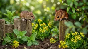 Due topi su una staccionata di legno in giardino tra menta e fiori gialli