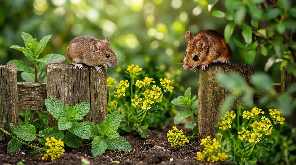 Due topi su una staccionata di legno in giardino tra menta e fiori gialli
