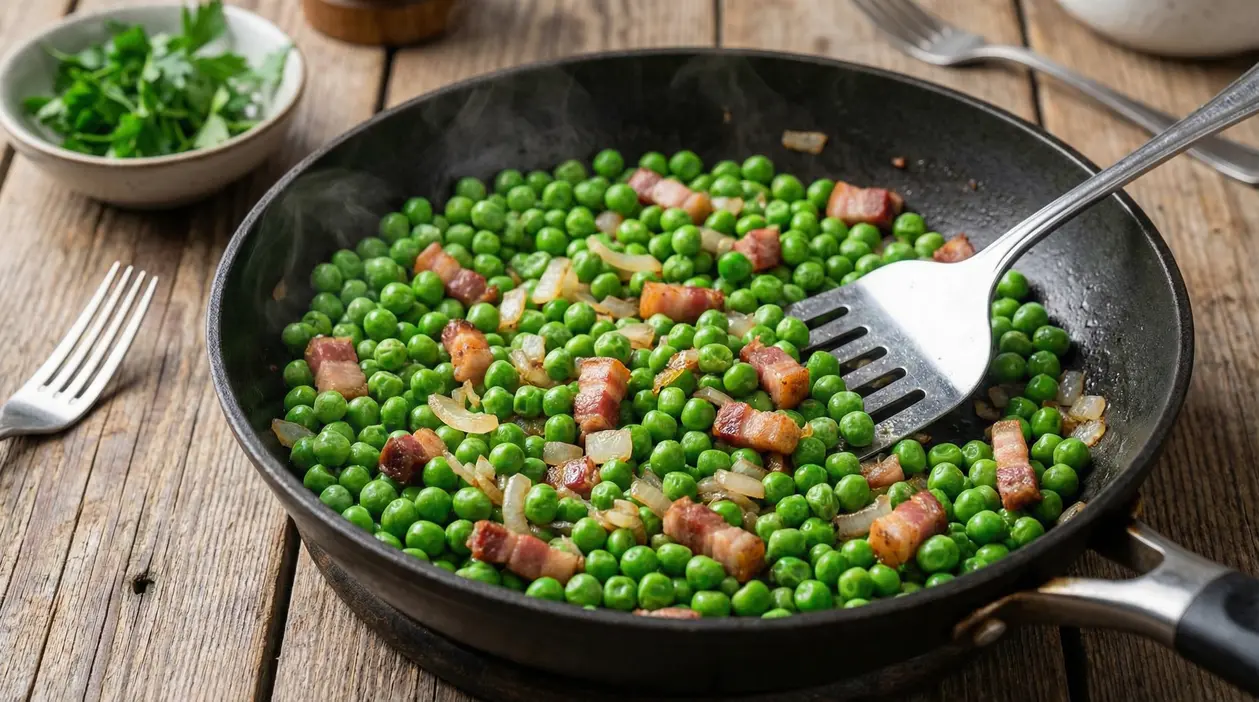 Padella con piselli in cottura con cipolla e pancetta, mescolati con una spatola su tavolo di legno