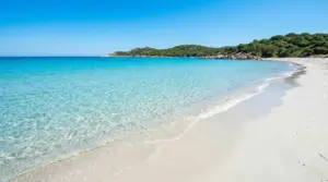Spiaggia di sabbia bianca e mare turchese cristallino con costa verde sullo sfondo
