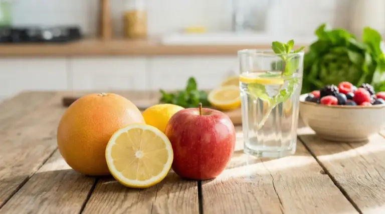 Pompelmo, limone e mela su un tavolo con un bicchiere d’acqua con limone e menta in cucina