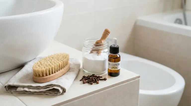 Ingredienti e accessori naturali per pulire il WC: bicarbonato in barattolo, olio essenziale, spazzola e panno in bagno