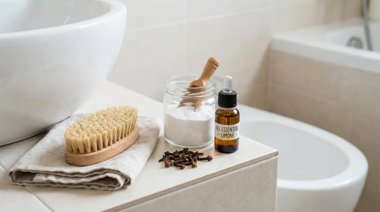 Ingredienti e accessori naturali per pulire il WC: bicarbonato in barattolo, olio essenziale, spazzola e panno in bagno
