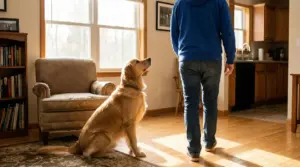 Cane seduto in salotto guarda una persona che si allontana, come se volesse seguirla ovunque