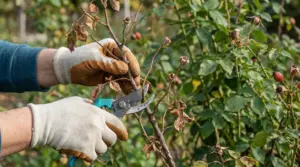 Mani con guanti potano un ramo di rosa con cesoie in giardino, tra foglie secche e cinorrodi